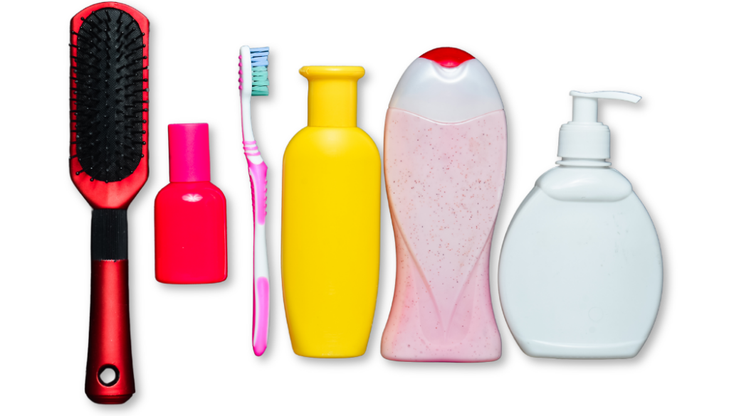 Hairbrush, toothbrush, shampoo and soaps