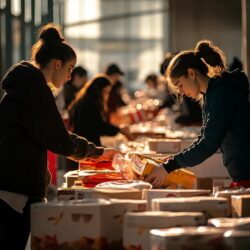 Volunteers sorting items into boxes